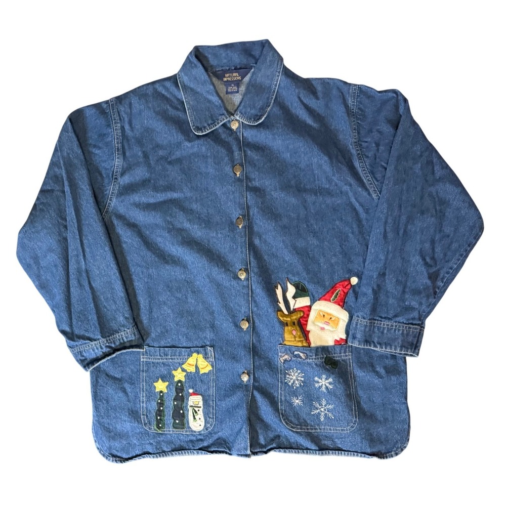 Natural Impressions Christmas Denim Shirt Womens XL Blue Santa Reindeer Applique